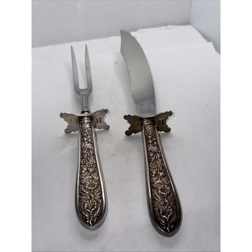 Stieff  Vintage Sterling Silver Carving Set Corsage patteren 9.75 And 8.75